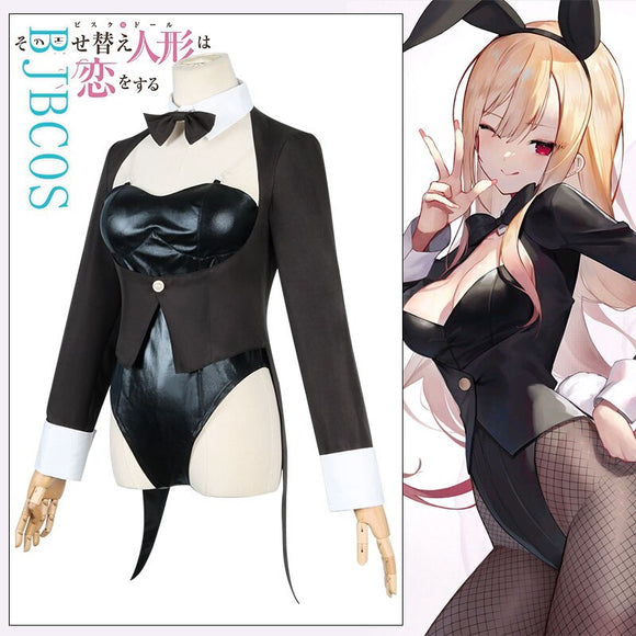Anime My Dress-Up Darling Marin Kitagawa Bunny Girl Cosplay Costume Artificial Leather Sexy Suit Rabbit Jumpsuit Ear