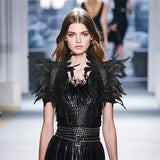 Natural Feather Cape Maleficent Costume Women Gothic Lacing Shawl Shrug Collar Feather Cape Halloween Cosplay Christmas Party