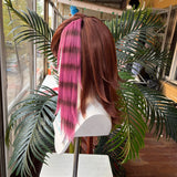 [Styled Wig]Brown Mixed Pink Medium Cosplay Wig Game Anime Women Short Hair Highlighted Streaks Wolf Tail Role Play Halloween