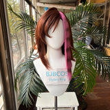 [Styled Wig]Brown Mixed Pink Medium Cosplay Wig Game Anime Women Short Hair Highlighted Streaks Wolf Tail Role Play Halloween