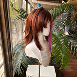 [Styled Wig]Brown Mixed Pink Medium Cosplay Wig Game Anime Women Short Hair Highlighted Streaks Wolf Tail Role Play Halloween