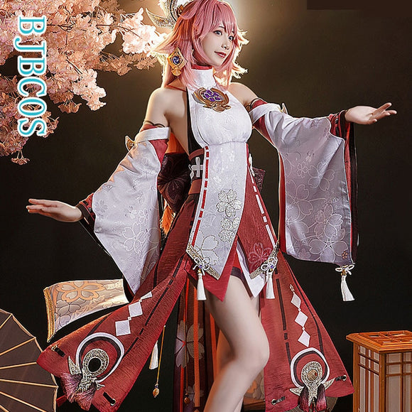 Game Genshin Impact Yae Miko Cosplay Costume Yae Guuji Cosplay Costume Sexy Women Dress Halloween Necklace Full Set